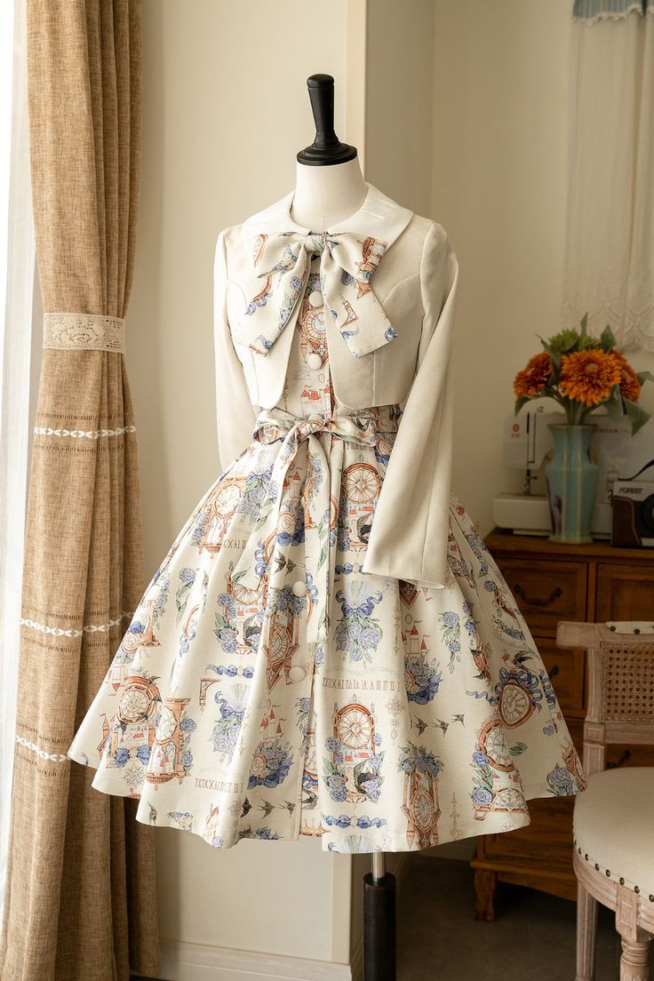 a creamcolored lolita dress and matching jacket are displayed on a mannequin. the dress features a floral print with clocks and birds. a large bow adorns the collar. the dress falls just above the knee. the mannequin is positioned in a room with natural light coming from the window. a chair, table, flowers, and sewing machine are visible in the background.