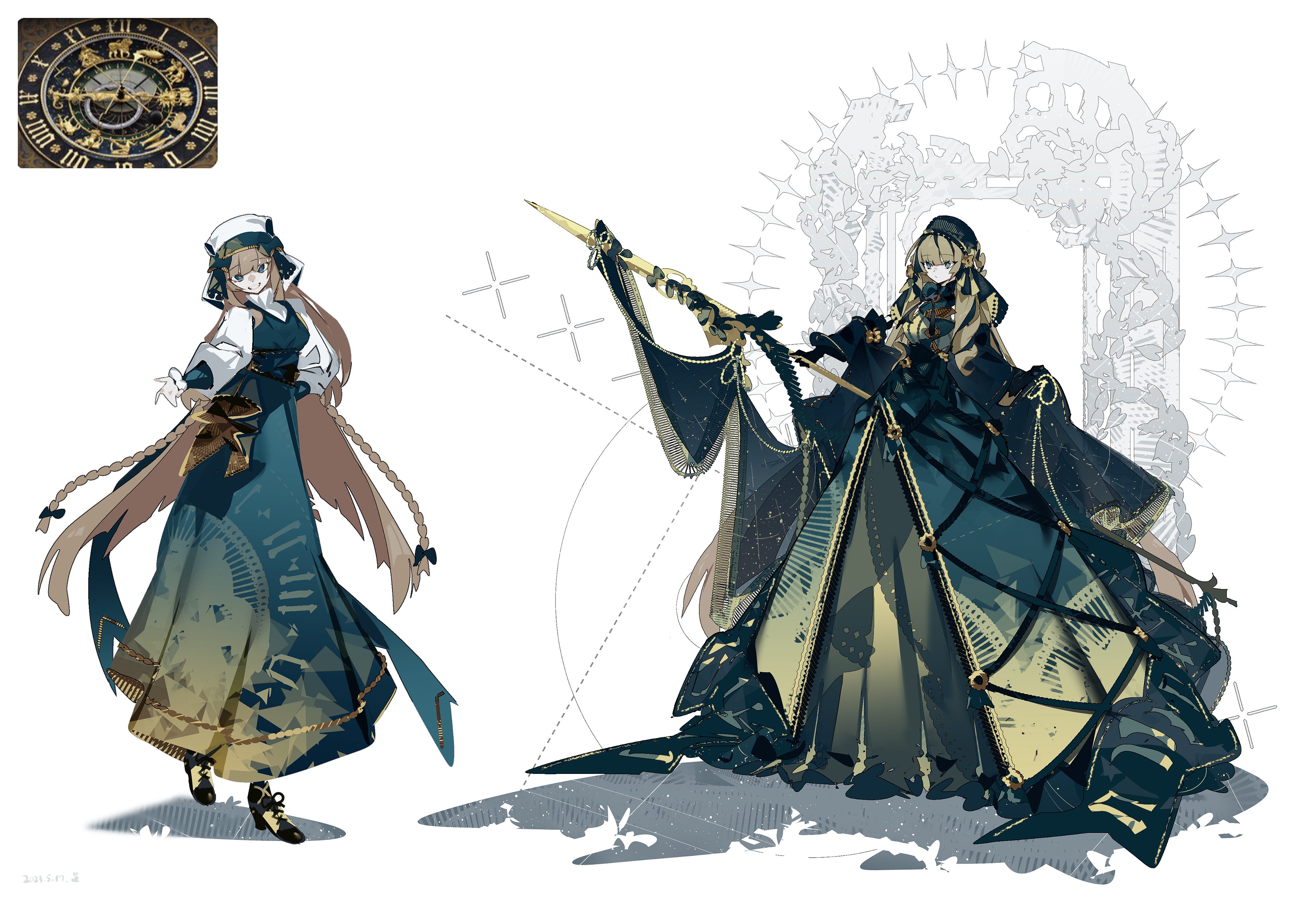 the image showcases two depictions of the same female character, likely a sorceress, in different outfits and poses. both iterations feature intricate outfits adorned with clock and gear motifs, hinting at time manipulation abilities. the color palette is predominantly dark with gold accents.