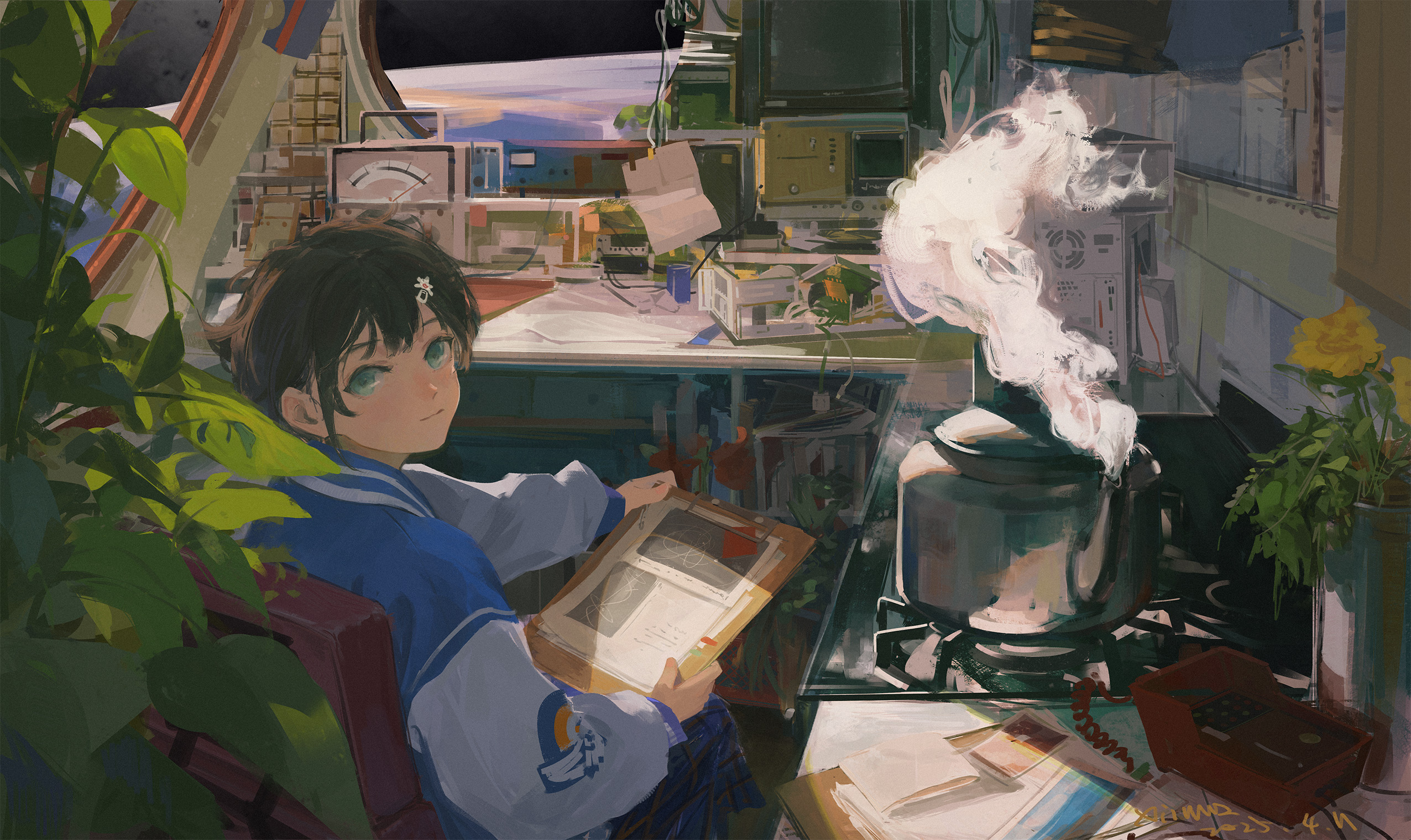 the image features an animestyle girl sitting in a chair with a clipboard in her hands, with a plant to her left. behind her is a desk cluttered with various equipment and papers, positioned in front of a window. in the background, there's a kettle steaming on a stovetop, accompanied by flowers and a telephone. the setting appears to be an indoor kitchen area.