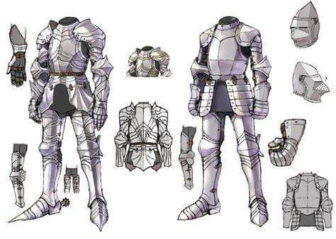 the image is a detailed illustration or concept art depicting a full suit of plate armor from different angles. it shows both the front and back views of the armor, along with separate components like gauntlets, pauldrons, cuisses, and greaves.  two different helmet styles are also shown.  the style of the armor appears to be  medieval or early renaissanceinspired, possibly for a game or fantasy setting. the drawing is precise, showing the detail and articulation of the armor pieces.  the image is clearly a design sheet or reference material.