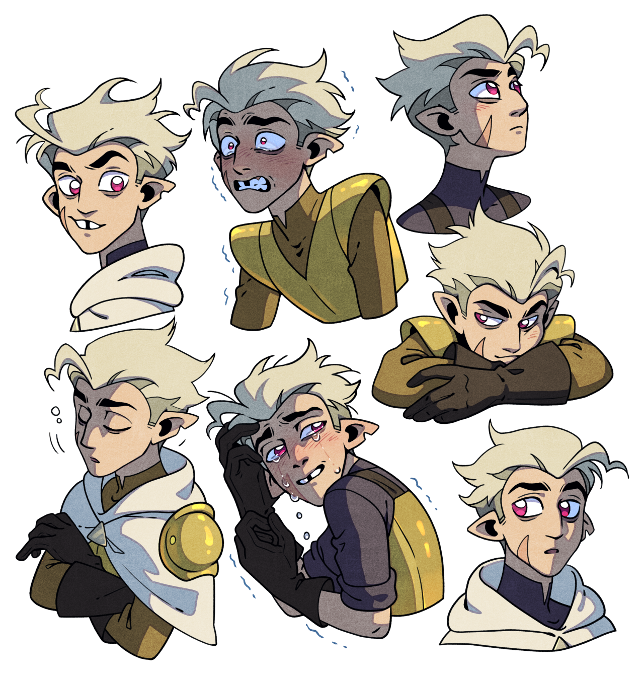this digital illustration showcases seven distinct facial expressions of a young man with spiky blonde hair and pointed ears, likely an elf or similar fantasy being. he is depicted with varying emotions, from smug and confident to flustered and tearful. the artist emphasizes his expressiveness through exaggerated features and dynamic posing. his attire changes subtly, hinting at different situations or roles. the palette leans towards warm tones, enhancing the overall sense of vibrancy and emotionality.