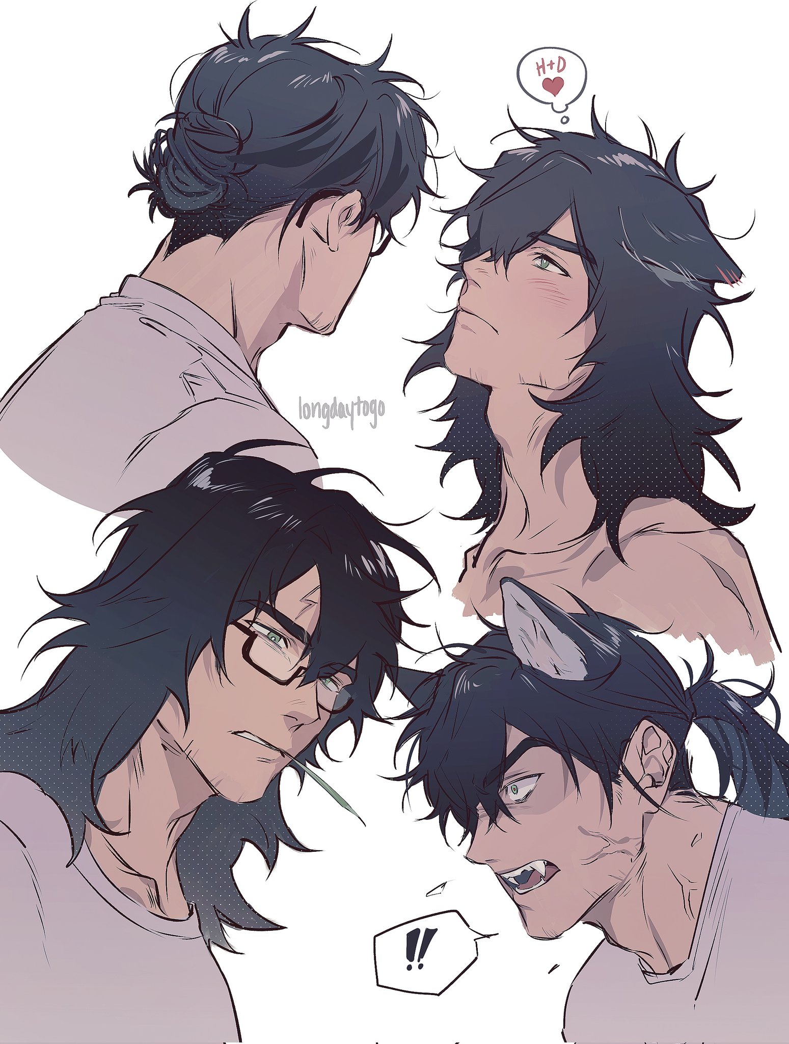 the image presents four stylized headshots of anime/mangastyle male characters. each character has dark hair, with variations in hairstyles and accessories, including one character sporting wolf ears.  their expressions range from serene to serious and even aggressive. one character is notably scarred.  the art style is soft, with muted colors and a focus on linework and shading.  a speech bubble near one pair indicates a possible romantic relationship ("h+d"). the overall aesthetic is consistent with fanart, possibly of original characters or characters from an existing work.