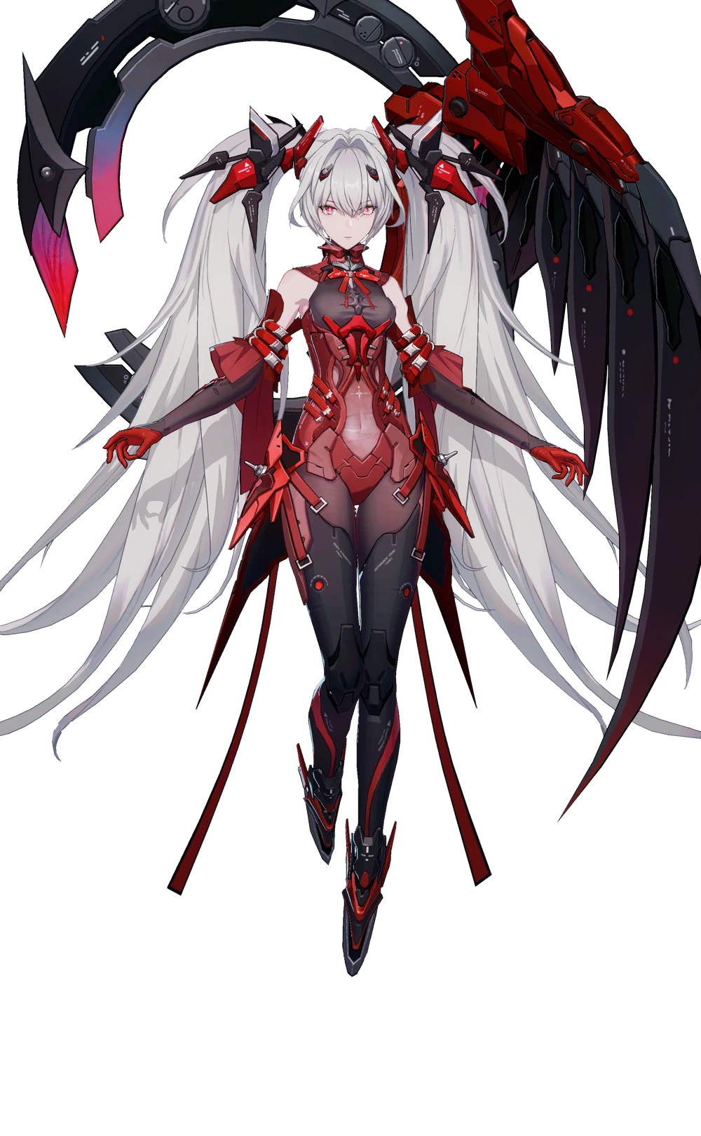 a paleskinned female anime character with long, white hair and red eyes. she is wearing a formfitting red battle suit with black accents. she has mechanical wings and a futuristic headpiece. the background is black.