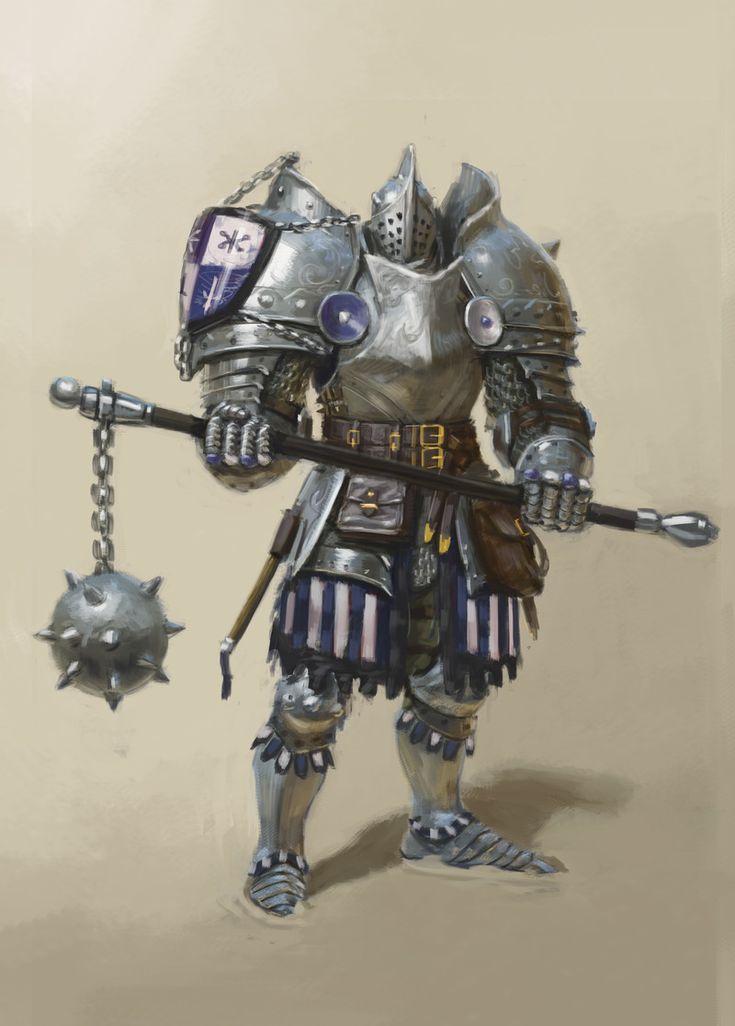 he image is a digital painting of a fantasy knight. the knight is depicted in full plate armor, wearing a helmet that obscures his face. he is holding a mace with a spiked ball at the end, attached to the shaft by a chain. the armor is detailed, with visible textures and intricate designs. the knight's armor is mostly silvercolored with some blue accents on the pauldrons and a shield showing a heraldic emblem. the armor shows wear and weathering.  the knight's legs are partially obscured by a striped skirt or armor piece. the background is a muted beigebrown tone. the overall style is a blend of realism and fantasy, suggesting a medieval or renaissance setting.