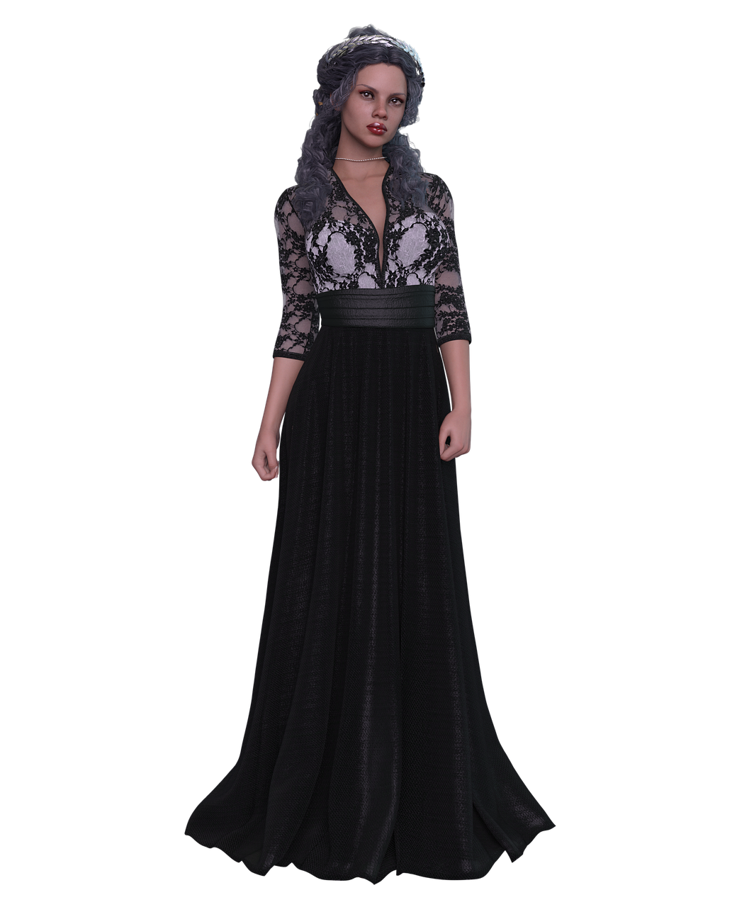 a fulllength portrait shows a woman standing against a solid black background. she is wearing a long, black gown with a sheer, lacecovered bodice over a lighter underlayer that forms a vneckline. the dress has a wide, dark waistband. her hair is styled with curls and topped with a tiara. she is also wearing a necklace.