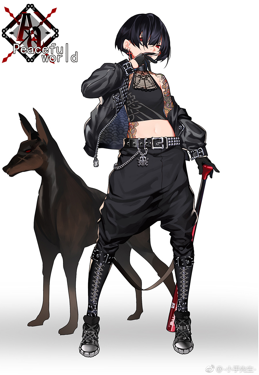 a full body illustration of a woman with short black hair and an edgy, punkinspired outfit. she is wearing a black crop top, black pants with chains, and a black leather jacket. she has multiple tattoos visible on her arms and chest. she is also wearing black platform boots with laces, a studded belt, and a choker necklace. the woman is holding a baseball bat with red paint splattered on it. standing beside her is a black doberman pinscher with glowing red eyes. the background is white with a red and black logo in the upper left corner.
