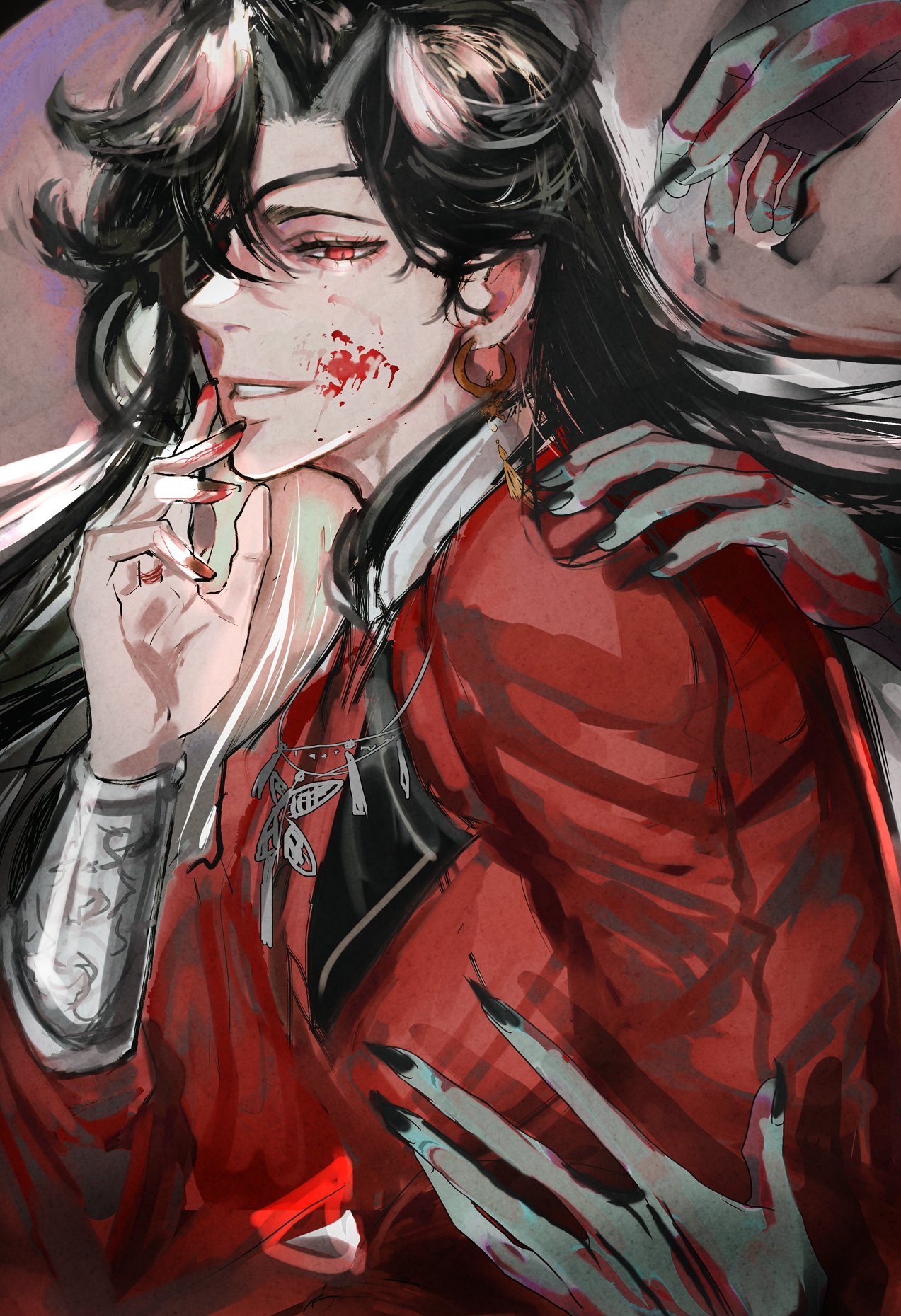 an anime man with long black hair wears a red jacket and has blood smeared on his face. he has one golden earring and his fingers are decorated with long nails. two skeletal, clawed hands are touching his body from either side. the background is a textured, dark purple. the image is a digital painting.