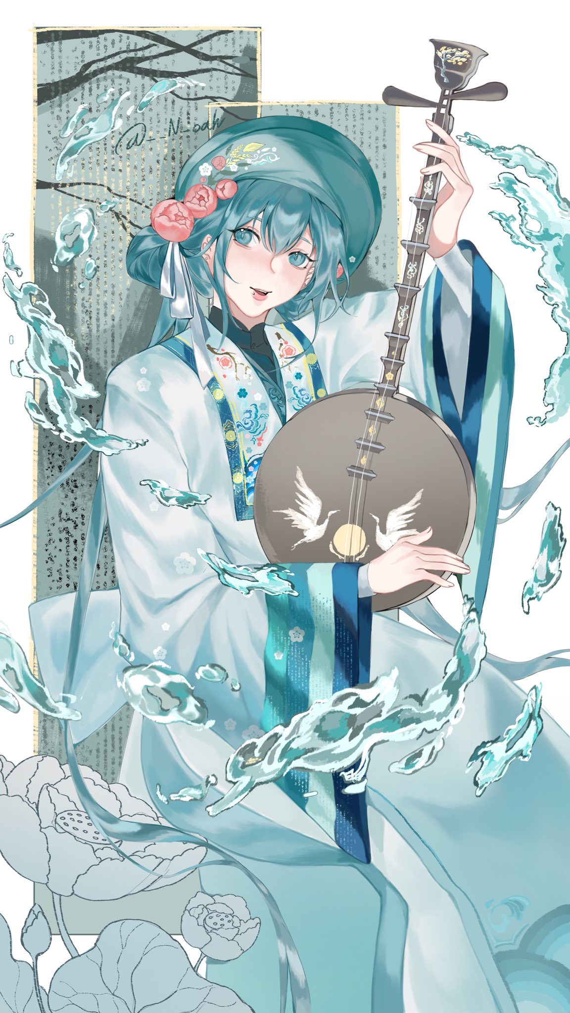 an anime girl in a beautiful light blue and white kimono sits and plays a pipa. the instrument is decorated with a pair of white cranes. the background is a light blue and white with lotus flowers and water flowing around the girl. her hair is light blue and she has a soft, delicate look. she is smiling gently as she plays.