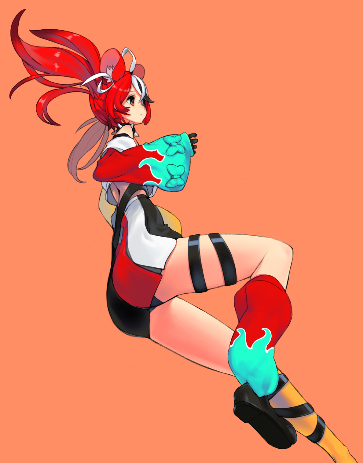 the illustration features a female anime character with vibrant red hair styled in two long ponytails, reminiscent of flames. she sports animal ears, possibly feline, atop her head. dressed in a white and red athletic outfit adorned with flame patterns, she strikes a dynamic action pose, seemingly midair with one leg extended forward and arms raised. her attire includes teal and black accents on her gloves, boots, and shorts. the background is a solid, warm orange hue that contrasts with the character's vibrant colors.