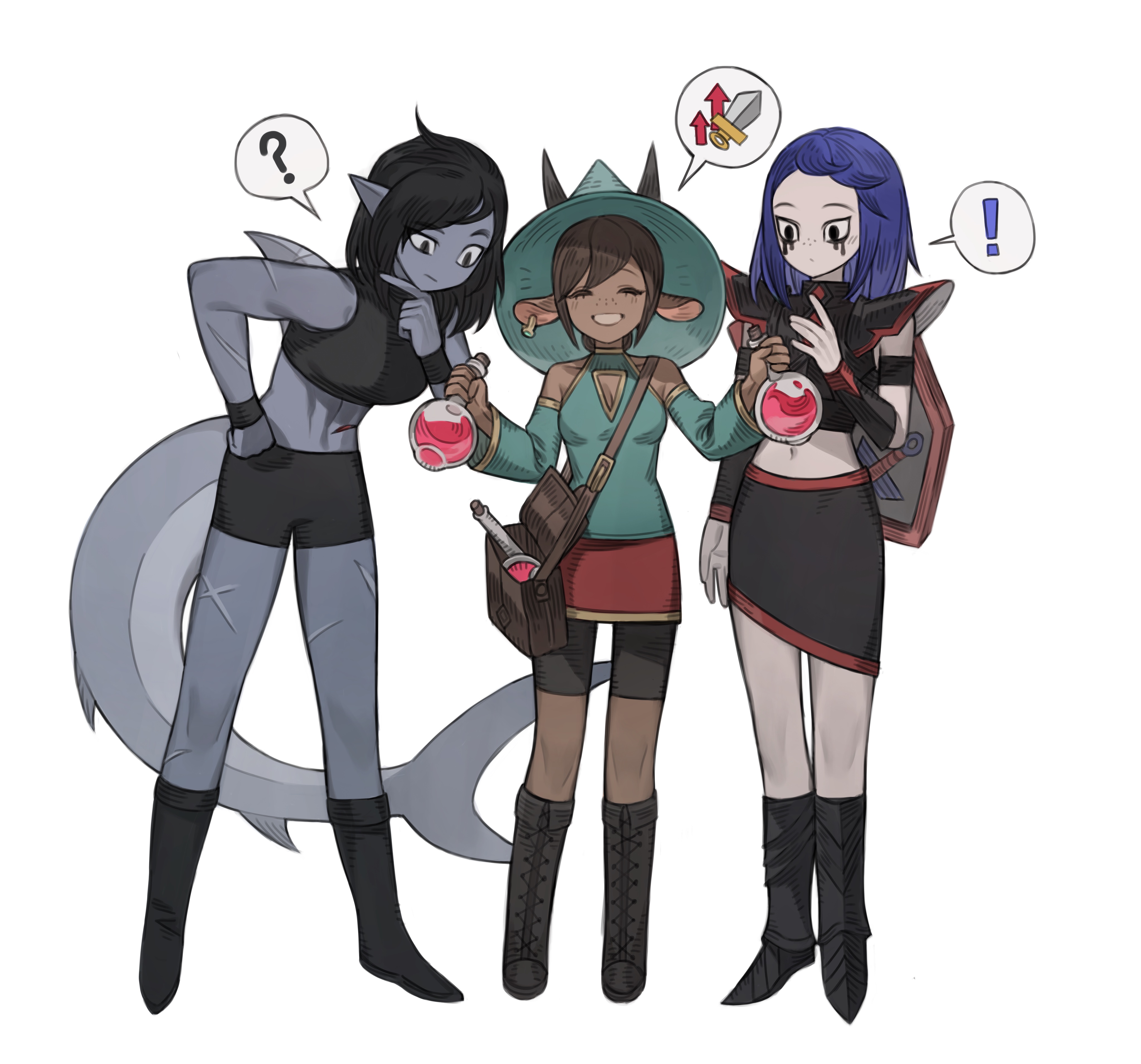 the image shows three female fantasy characters on a plain white background. a blueskinned sharkgirl on the left looks curiously at a red potion bottle held by a smiling goatlike girl in the center.  the central figure wears a witch's hat and has another potion bottle in her left hand. on the right, a darkhaired girl with pointed ears, possibly a demon, examines the second potion with a look of surprise. small icons above their heads hint at their reactions: a question mark for the shark girl, an upwards arrow with a sword for the goat girl, and an exclamation mark for the demon girl.