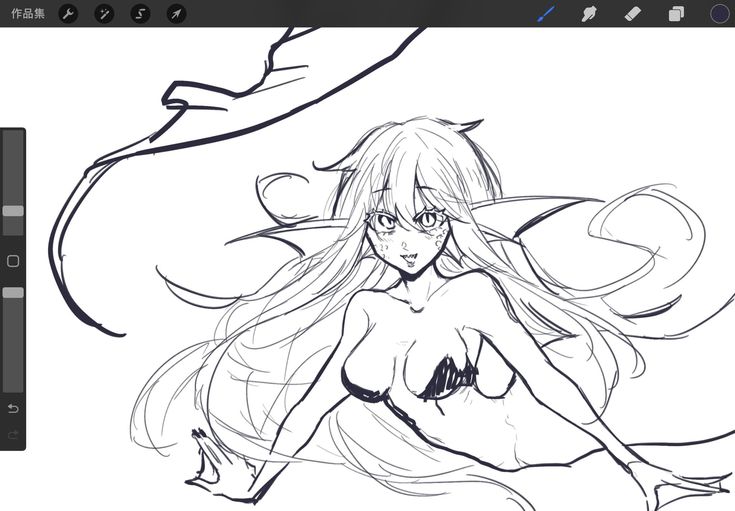 this is a digital drawing of a mermaid with long flowing hair. she has a beautiful face and a graceful body. her tail is flowing behind her, and her hair is blowing in the wind. the drawing is in black and white and is very detailed. it is a beautiful and evocative image.