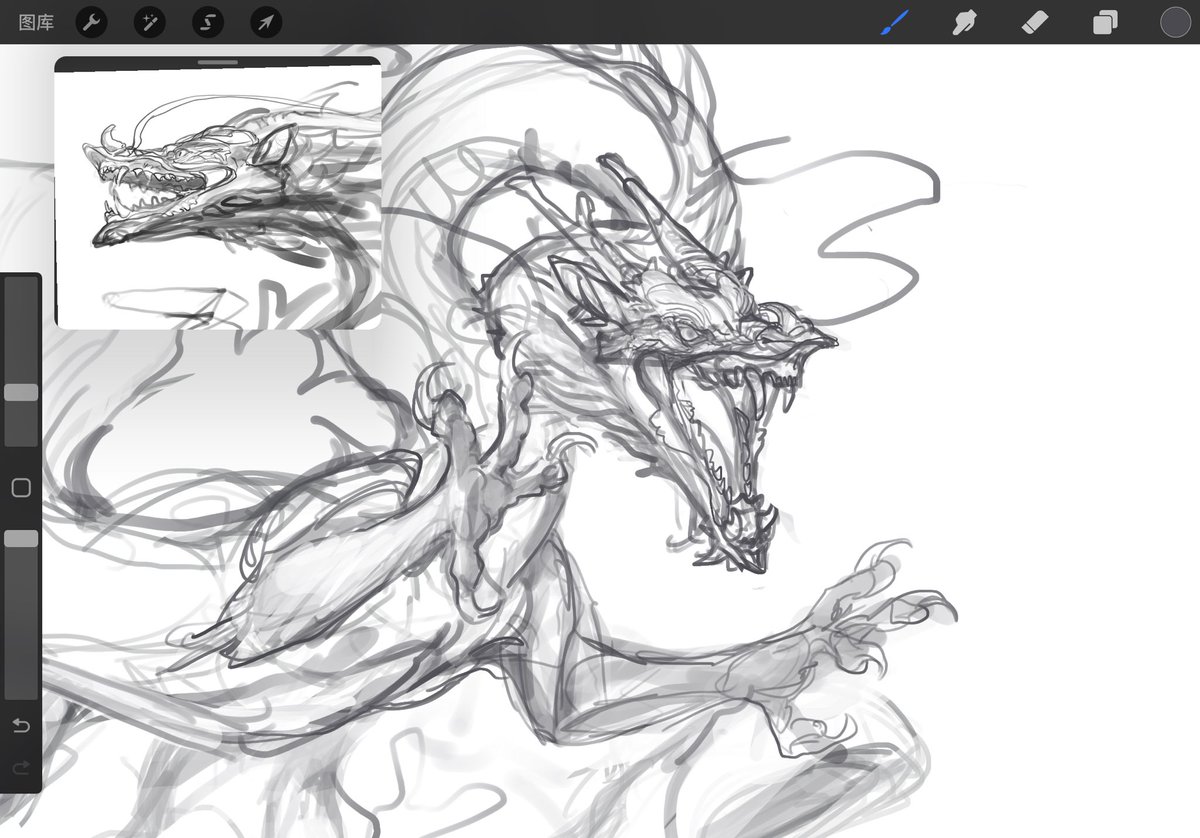 a digital sketch of a dragon's head and upper torso, drawn in a dynamic pose with its mouth open wide.  the image is primarily composed of black and white lines, showcasing the artist's process of working out the creature's anatomy and features. a smaller, more refined sketch of the dragon's head is visible in the upper left corner, likely serving as a reference point for the larger illustration. the software's interface hints that this is a work in progress within the procreate app.
