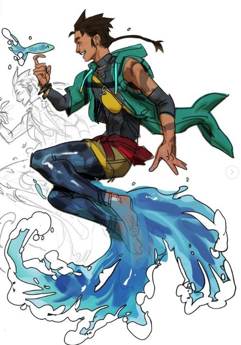 the image is a vibrant digital illustration of a male character seemingly surfing or riding a wave of water.  the character is depicted with a joyful expression, holding a small fish. he's dressed in a teal and yellow outfit, suggestive of waterrelated abilities or a connection to the sea. the artwork shows clear stages of creation, with underlying pencil sketches partially visible beneath the finished colored piece. the water is rendered dynamically, suggesting motion and fluidity. the overall style is stylized and leans towards a comic book or graphic novel aesthetic, with bold lines and saturated colors. the piece is highly detailed, with careful attention to the character’s anatomy, clothing, and the textured portrayal of the water.