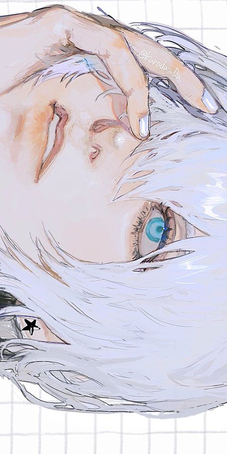 a close up illustration of an anime girl with white hair, blue eyes, and her hand covering part of her face. the drawing is done in a soft, digital style. the background is a simple grid pattern.
