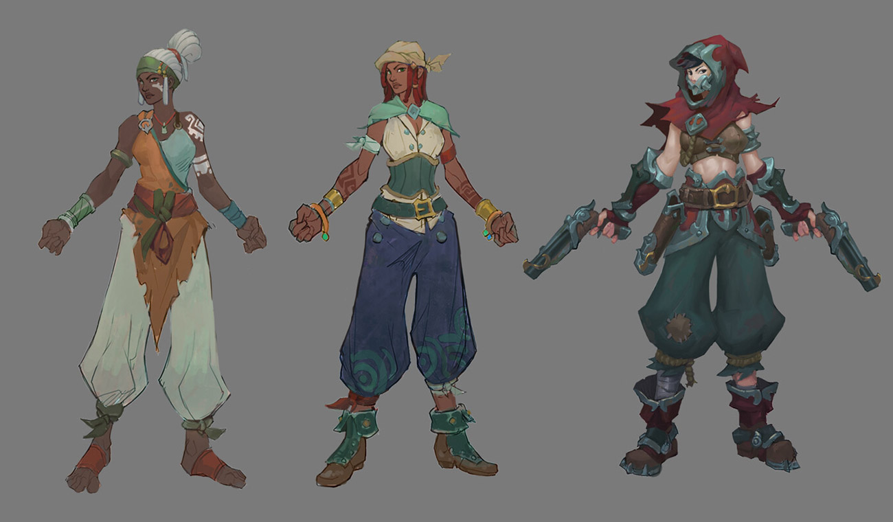 this digital illustration features three female characters in a fantasy setting. the leftmost character is wearing an outfit that is white, brown, and green in color. she has a white braid in her hair and brown skin. the middle character is wearing a blue and green outfit. she has a red bandana in her hair and a straw hat on her head. she also has brown skin. the rightmost character is wearing a green and red outfit. she is wearing a red hood and a metal mask. she also has brown skin. this image is a character design for a game or other fantasy project.