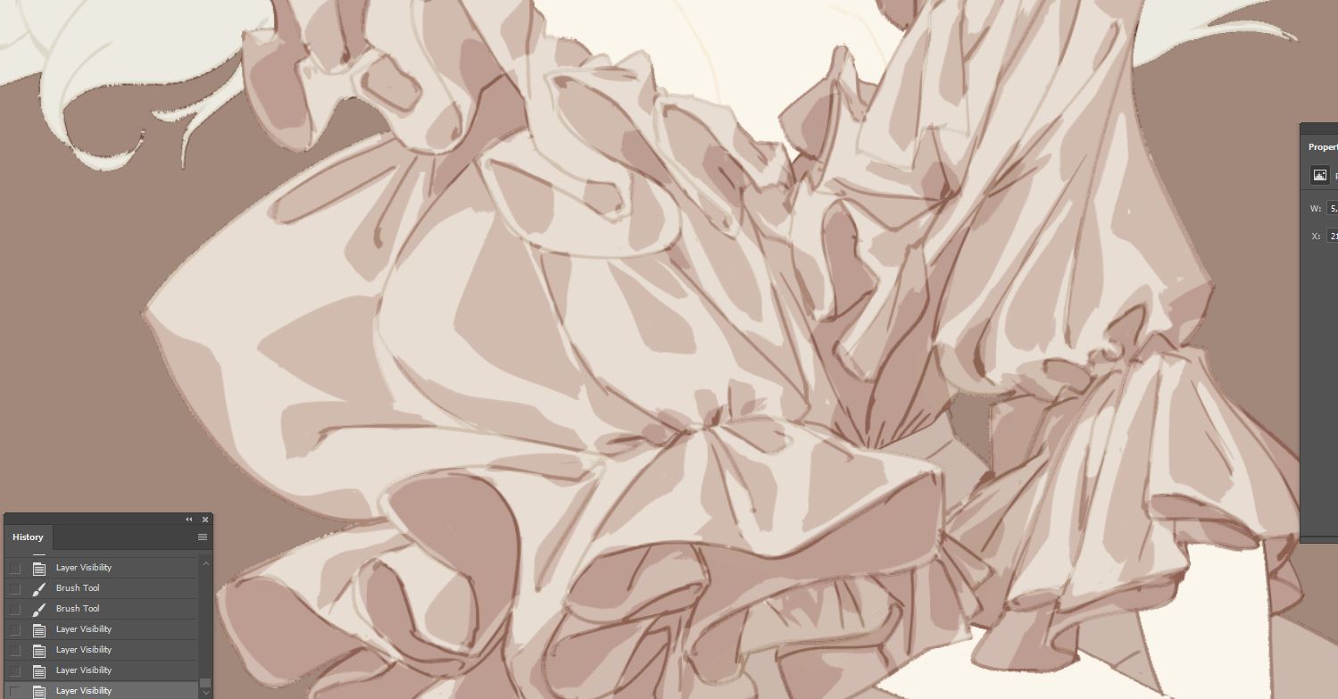 this image shows the process of a digital drawing, showcasing the different layers that were used to create the image. the image appears to be a closeup of a woman’s body wearing a white, ruffled dress. the background is a solid brown color.