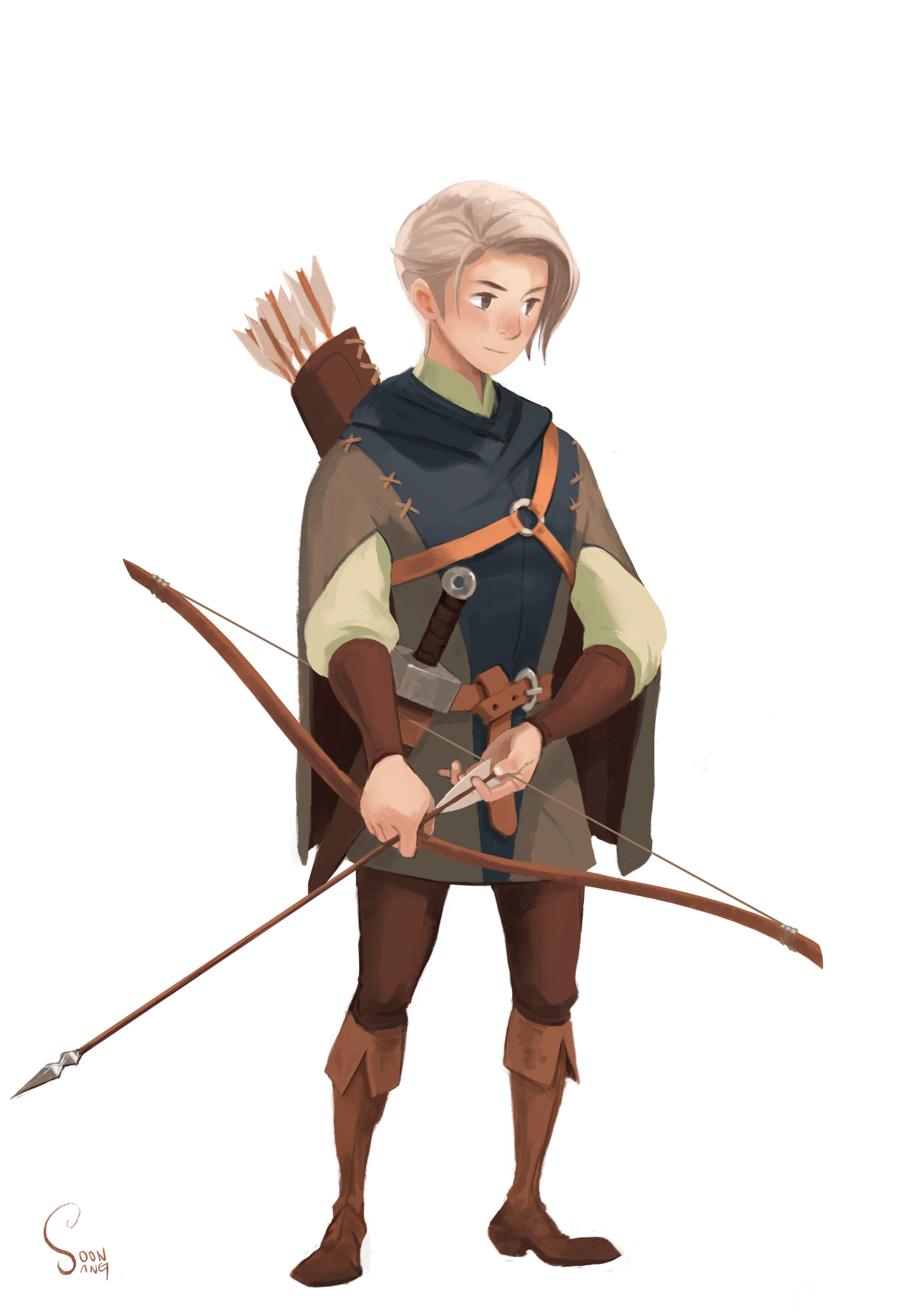 a digital illustration of a young, blonde archer.  they are clothed in muted greens and browns with a hooded cape and are armed with a bow, arrows, and a dagger.  the figure is shown from the shins up against a plain white background.