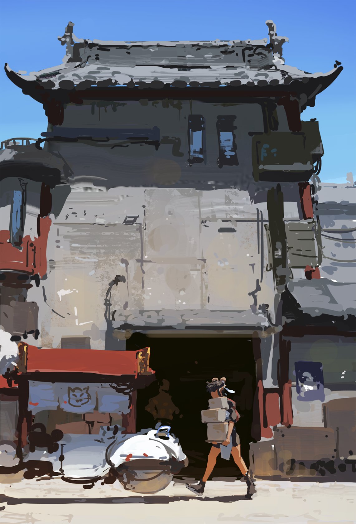 the digital painting depicts a street scene in what appears to be a futuristic, yet historically inspired asian city. a young woman, possibly a courier, walks towards the viewer carrying several boxes. she is walking past an aged, multistoried building with architectural elements suggesting a blend of traditional chinese style and futuristic modifications. the building shows signs of wear and tear, with a textured surface and mismatched elements. the overall style is loose and painterly, employing visible brushstrokes and atmospheric perspective to create depth and a sense of place. a futuristiclooking vehicle is parked near the entrance of a shop in the foreground. the scene is brightly lit, suggesting a daytime setting. the color palette is muted, with greys dominating, accented by the red of the building's details and the woman's clothing. the overall atmosphere is one of subtle mystery and quiet activity within a unique urban environment.