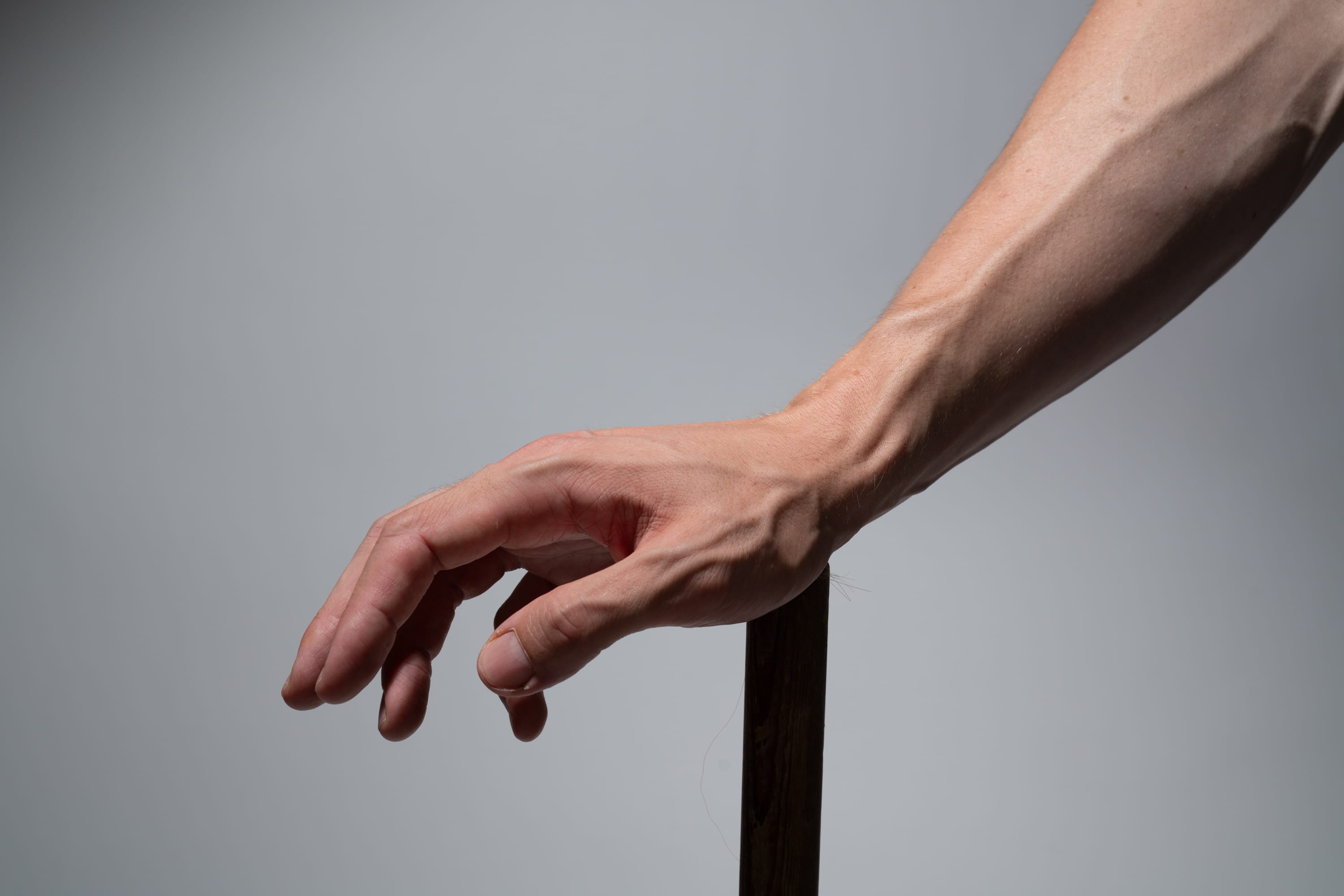 a closeup side view of a man's arm and hand gripping a dark brown wooden pole against a light gray background. the image highlights the details of the hand, veins, and muscles under studio lighting.