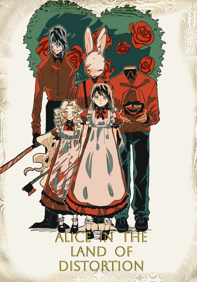 the image is a dark and twisted interpretation of characters from "alice in wonderland".  alice is in the center, wearing a bloodstained white dress. she stands with other iconic characters, each with their own grotesque features: the white rabbit wears a skull mask, the queen of hearts is headless, the mad hatter holds a bloody pumpkin, and the executioner has a shadowed face and an axe.  the backdrop is a red rose garden, adding to the unsettling atmosphere.