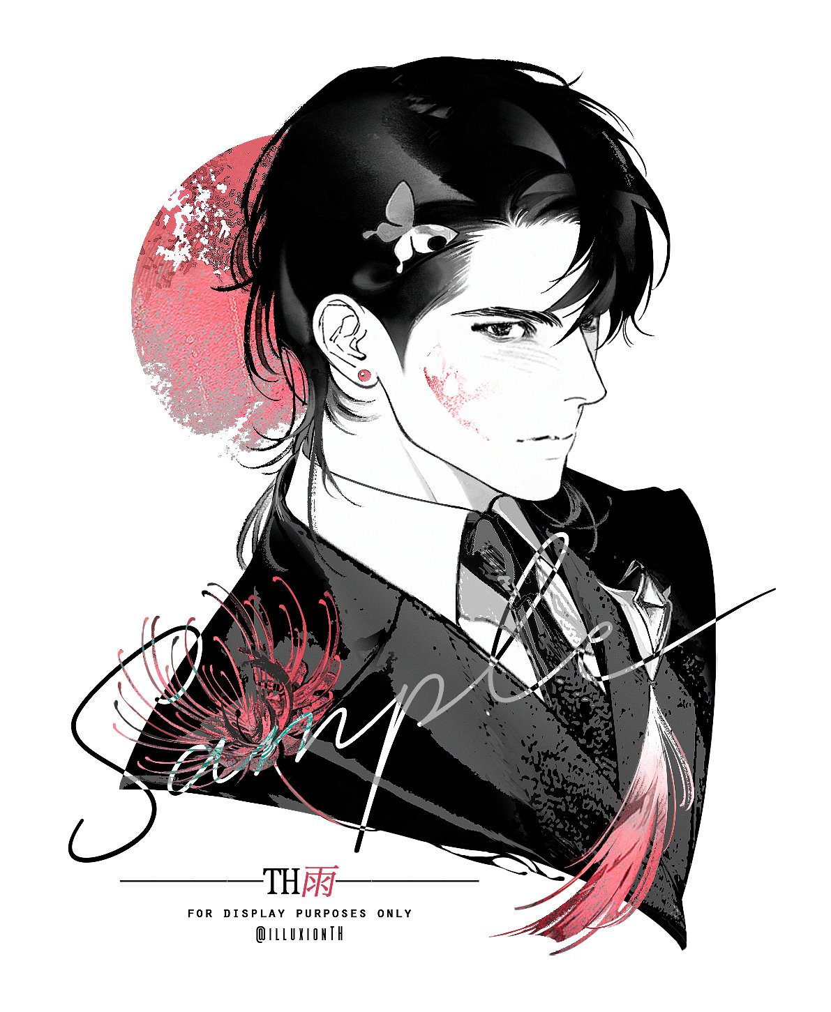 this is a digital illustration of a handsome anime boy wearing a suit. he has dark black hair and is wearing a black suit. his hair is styled with a red flower in it and a red flower on his suit. the background is red. the image is a sample and has a signature that reads "th雨" and the text "for display purposes only @illuxionth".