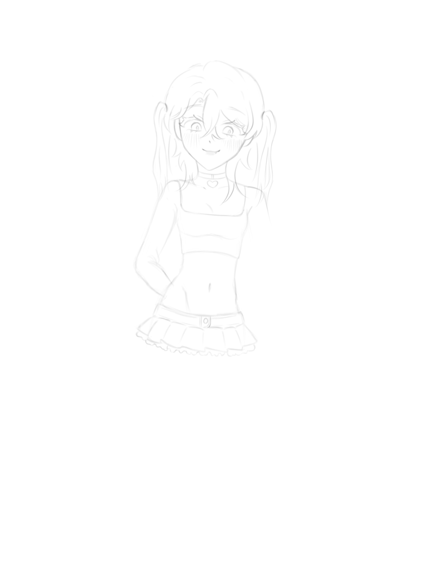 the image is a light pencil sketch or digital drawing in the style of anime/manga of a young girl. she has pigtails, a happy expression with blush on her cheeks, and is wearing a crop top and a short, pleated skirt. the style is cute and kawaii.  the sketch is unfinished and appears to be a preliminary drawing.