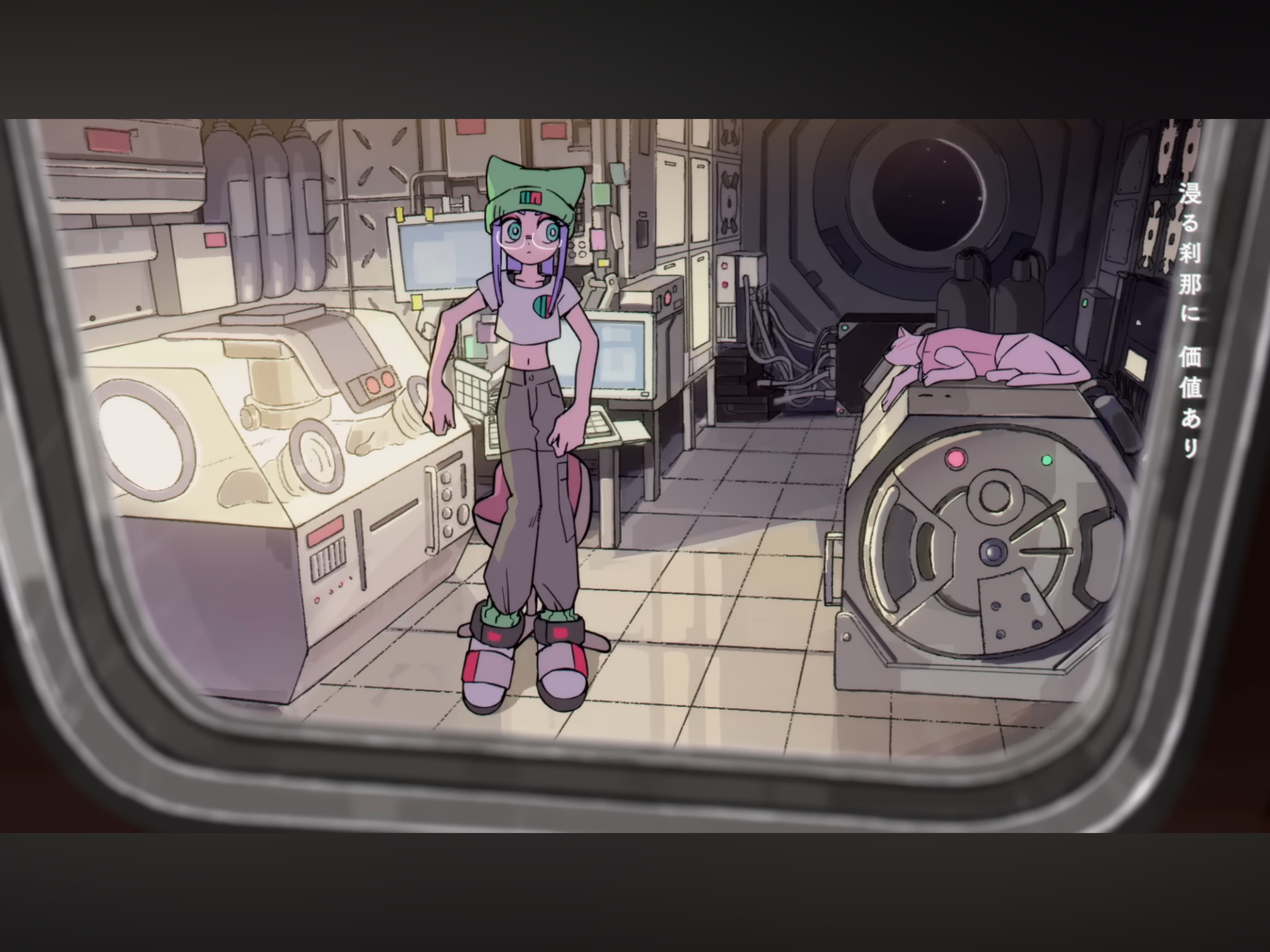 a young girl with green hair and a green hat stands inside what looks like a spaceship. through a window, she can be seen standing in a bright room filled with equipment. there is a cat sitting behind her.  the japanese text in the upper right corner means something like “everything is going to be alright."