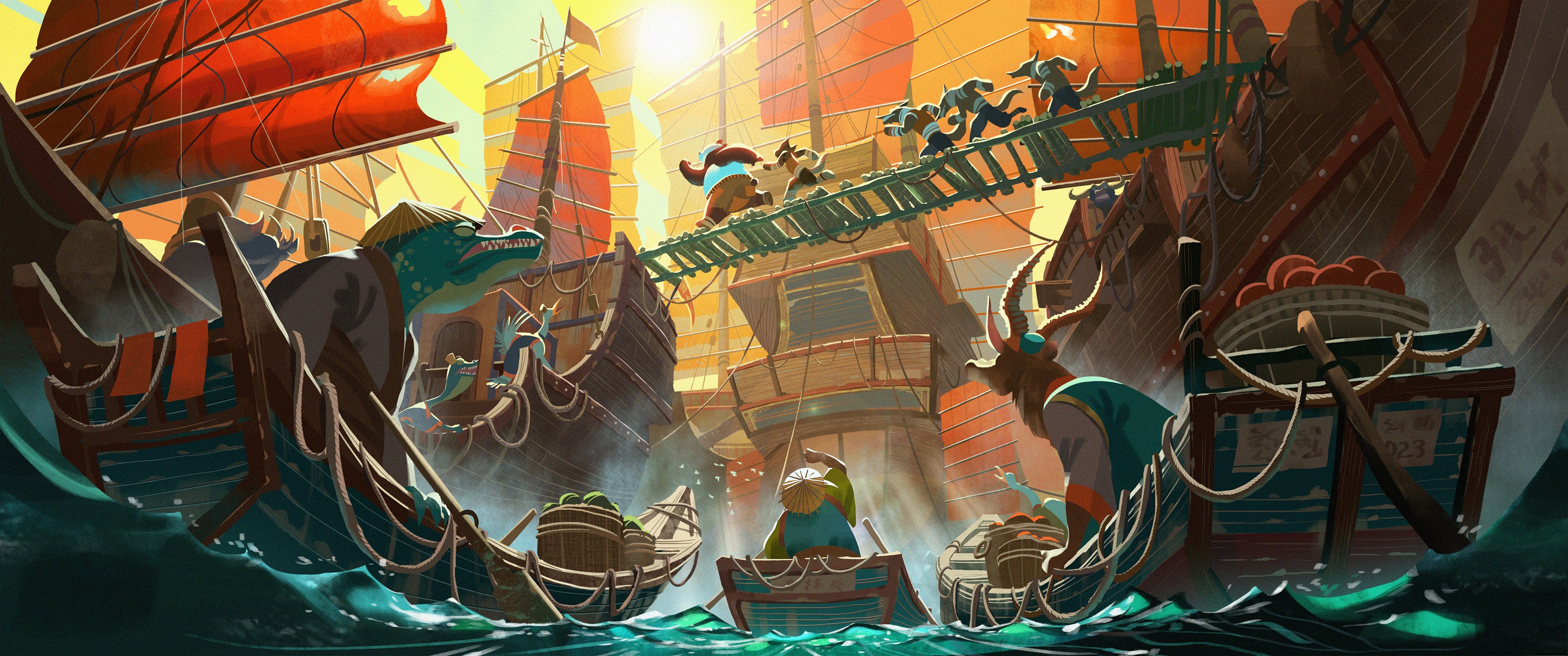 this vibrant scene depicts a bustling trading post, likely in a fantastical world. anthropomorphic animals, laden with goods, navigate a network of ships and docks. the warm, sunny lighting bathes the scene in a lively atmosphere, emphasizing the energy of the marketplace. a low perspective draws the viewer into the heart of the action, highlighting the scale and grandeur of the ships and the bustling activity of the traders.