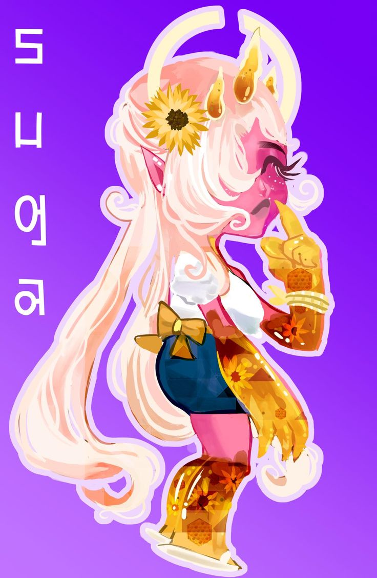 this image features a cute, cartoonstyle anime girl with a vibrant pink and yellow color scheme. she has long blonde hair with pink highlights, a pink and white dress, and yellowgold, sunflowerlike decorations on her arms and legs. her head has two small horns that appear to be made of honey or golden liquid. she has a sweet and slightly sad expression on her face, and she appears to be holding a finger to her nose. the background is a solid, bright purple color. the image is digitally painted and has a cartoonish, whimsical style.