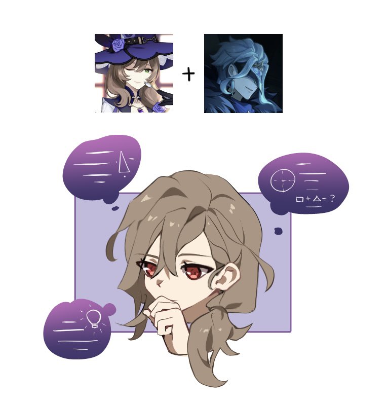 the image shows an anime girl with brown hair and red eyes, she is thinking deeply and has thought bubbles above her head. the thought bubbles contain symbols, an equation, and a light bulb idea. the top part of the image has two pictures of anime characters that look like they are part of the equation.