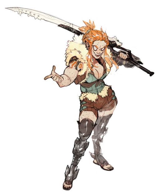a drawing of a female warrior in fantasy attire, with a sword in her hand. she has red hair and fur around her shoulders and her legs are armored. she is smiling wickedly.  she has a green and brown outfit. the background is white.