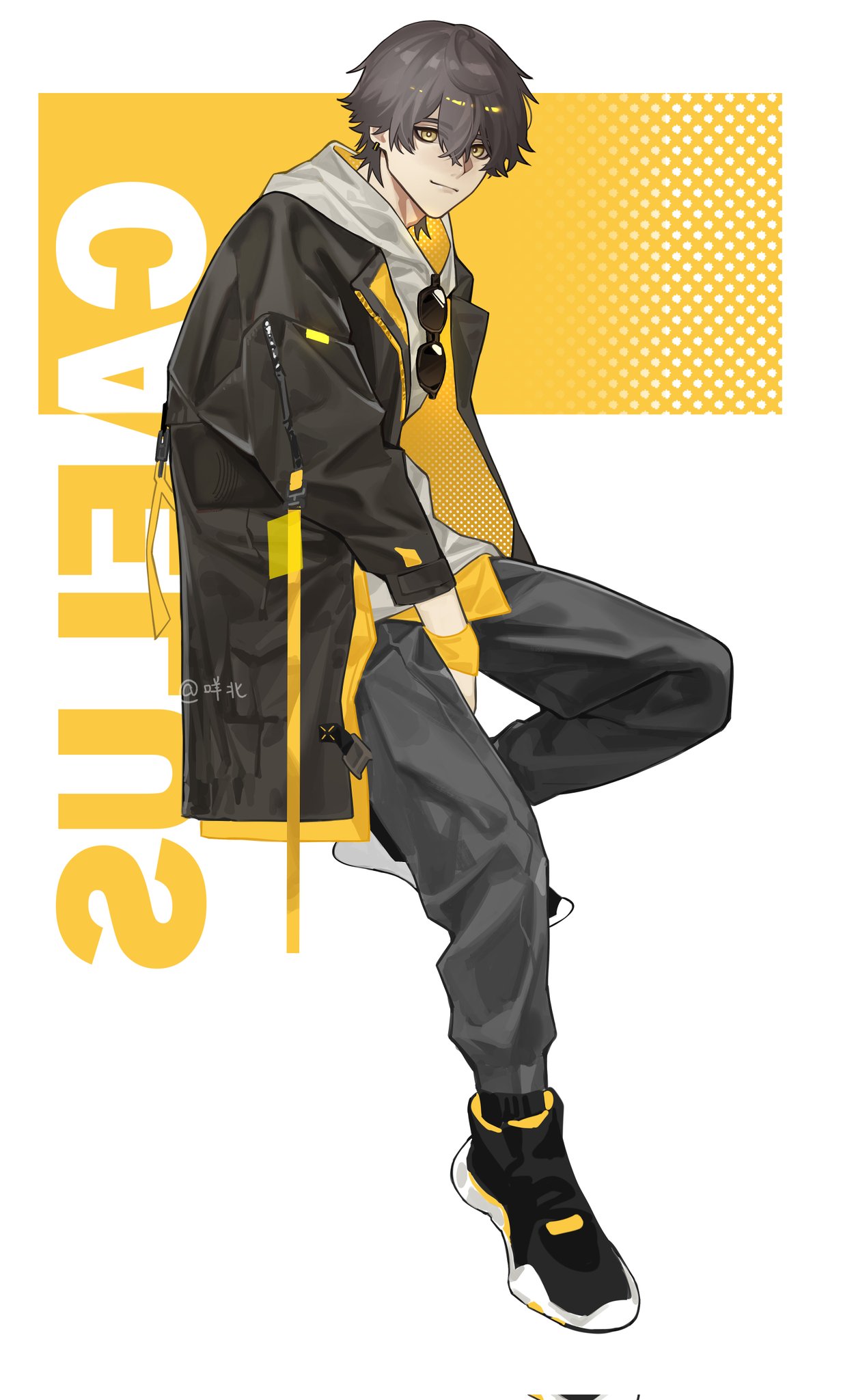 a digital drawing of an anime character in yellow and black clothing, the character is wearing black shoes, black pants, a yellow shirt, a black jacket with yellow lines, and a yellow scarf. the character is sitting and looking at the side. the background is yellow with black dots. the word "guest" is written in a yellow font, with the last letter on the left side and the first letter on the right side.