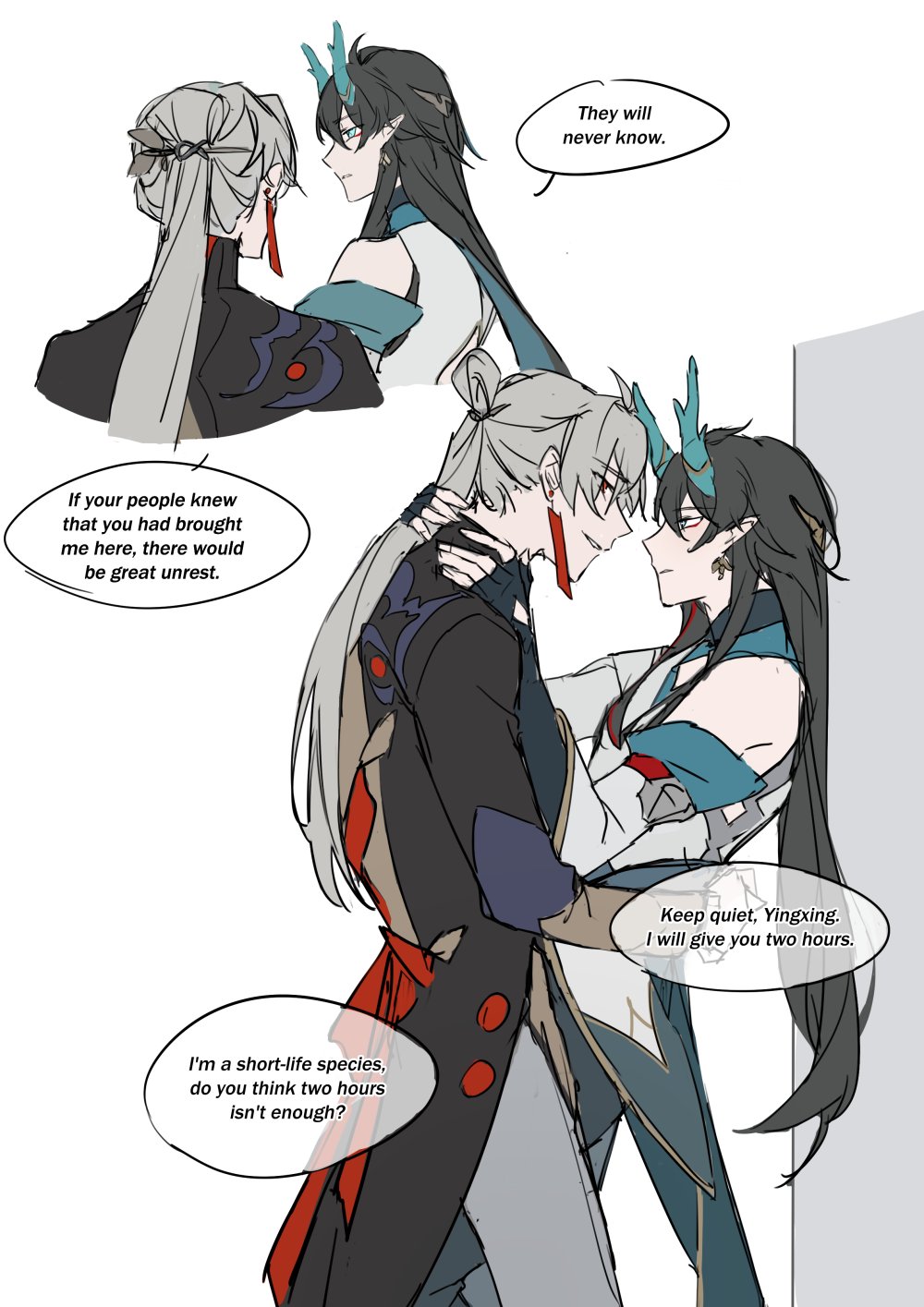 this is a comic panel of two anime characters, a boy and a girl,  hugging each other affectionately.  the girl has long black hair with a blue ribbon in it.  the boy has white hair with red highlights and is wearing a black suit.  they are standing in front of a white background. there are speech bubbles with text in them which describe the story.
