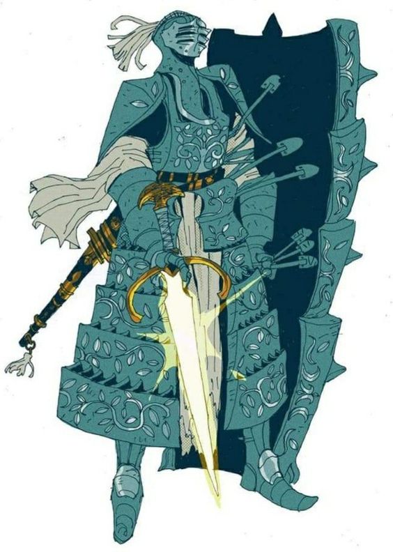the image showcases a lone knight clad in ornate, tealgreen armor embellished with a leaf motif. the knight stands with a gleaming sword in hand, its brilliance emanating outward. a large, spiked shield, also adorned with leaves, rests against their back, bearing the marks of past battles with embedded arrows. the knight's helmet, featuring a narrow visor, conceals their identity, adding an air of mystery to their presence.