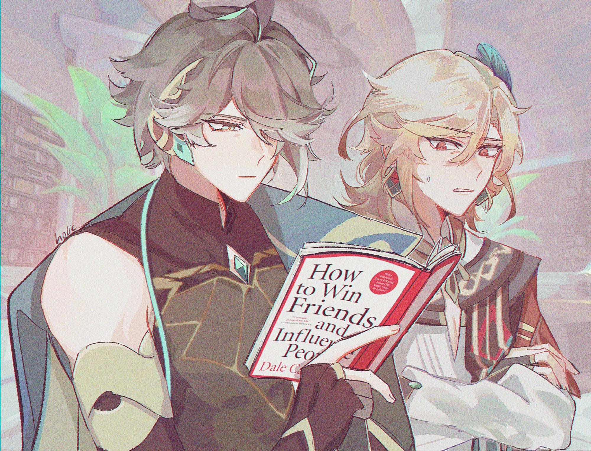 the image is a digital fanart depicting two characters, alhaitham and kaveh, from the video game genshin impact. alhaitham, on the left, is reading a book titled "how to win friends and influence people" by dale carnegie. kaveh, on the right, is looking slightly distressed. the artwork is done in an anime style, and the characters are in a building setting.