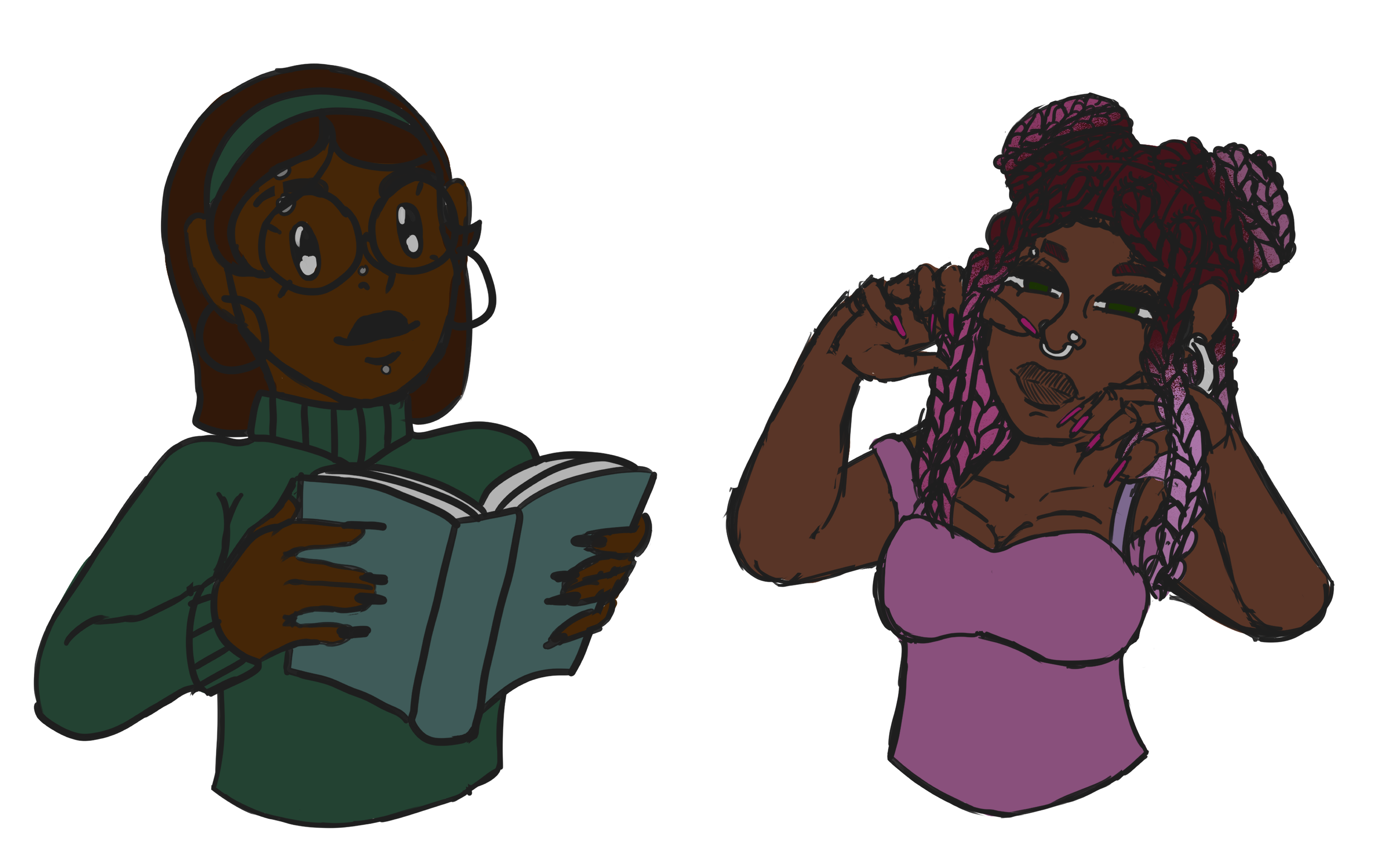 the image features two cartoon illustrations of darkskinned women, styled in a stickerlike format with white outlines.  the woman on the left is wearing a green sweater and glasses, engrossed in reading a teal book. her hair is pulled back with a headband.  the woman on the right is adjusting her long, braided hair which is dark brown with pink highlights. she's wearing a light purple top, has long nails, and a septum piercing. both characters have a unique stylized aesthetic with exaggerated features. the overall style is playful and vibrant.
