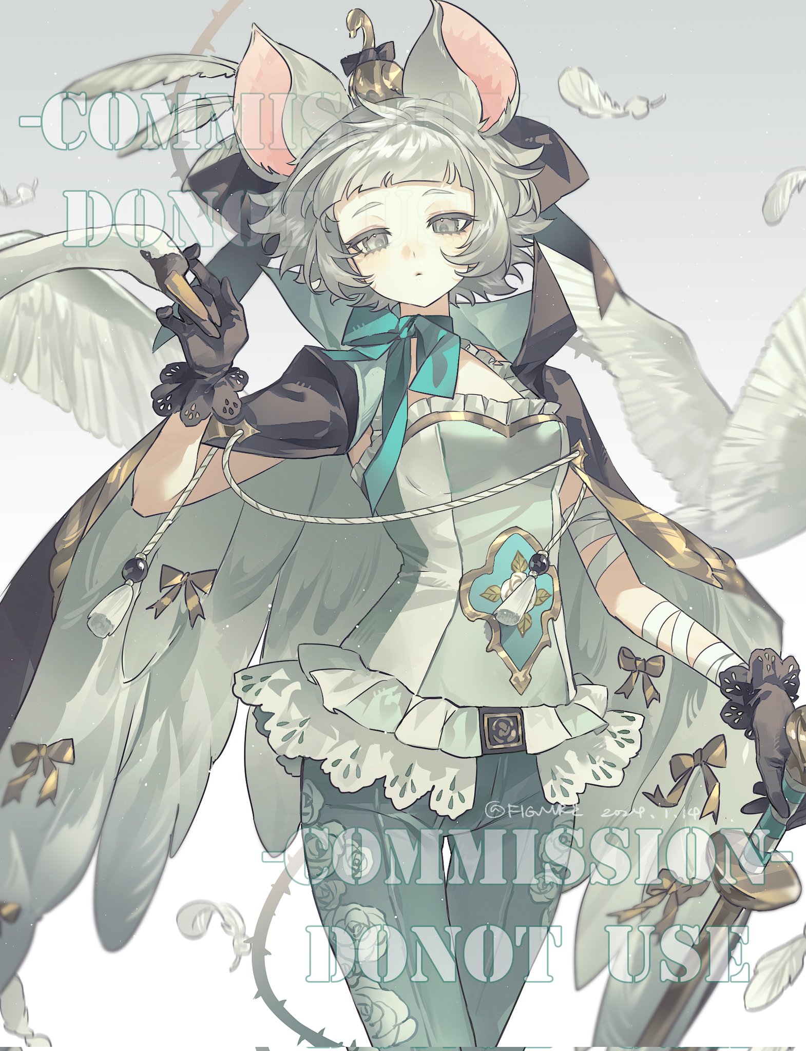 an animestyle girl with white hair and animal ears, wearing a dress and cape with swan wings, adorned with bows and a small crown. she has a serene expression, with gloves and is in watercolor style.