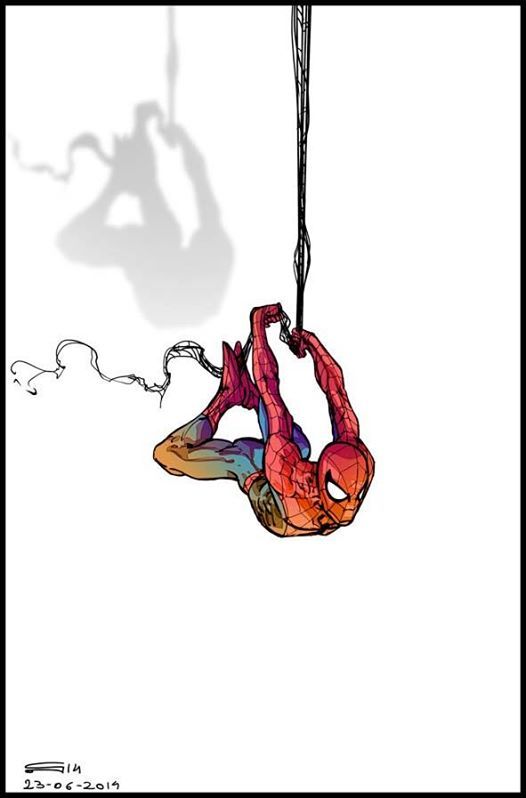 a digital illustration of spiderman swinging through the city. the image is drawn in a comic book style with thick lines and vibrant colors. the web shooter is on the left side of the page and spiderman is swinging on a web with a large cityscape in the background.