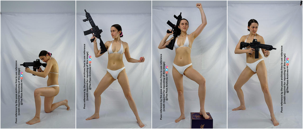 the image is a collage of four photos of the same woman in a white bikini, posing with a black rifle in a studio setting against a plain white background. in each photo, she adopts a different action pose, conveying a sense of power and confidence. the lighting is bright and even, highlighting her physique and the details of the weapon.