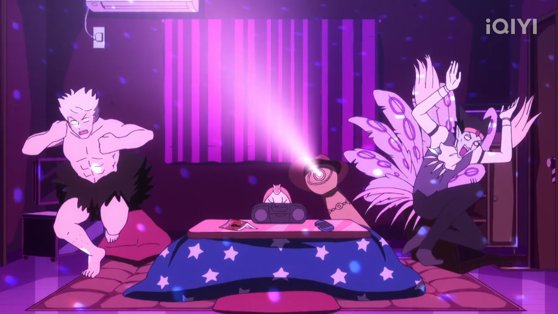 three anime characters are dancing exuberantly in a room lit with vibrant purple light. one character, shirtless and muscular, dances on the left side. in the center, a projector sits on a kotatsu (a low table with a blanket and heater). on the right, a character with elaborate feathered wings dances wildly. the scene is full of energy and movement, suggesting a fun and carefree atmosphere.