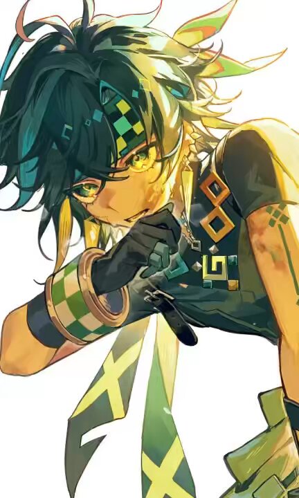 the image shows an anime character with green hair and black eyes. he is wearing a green and yellow outfit with a headband and scarf. he is also wearing black gloves and has a hand on his chin. the character is looking at something offscreen. the background is white.