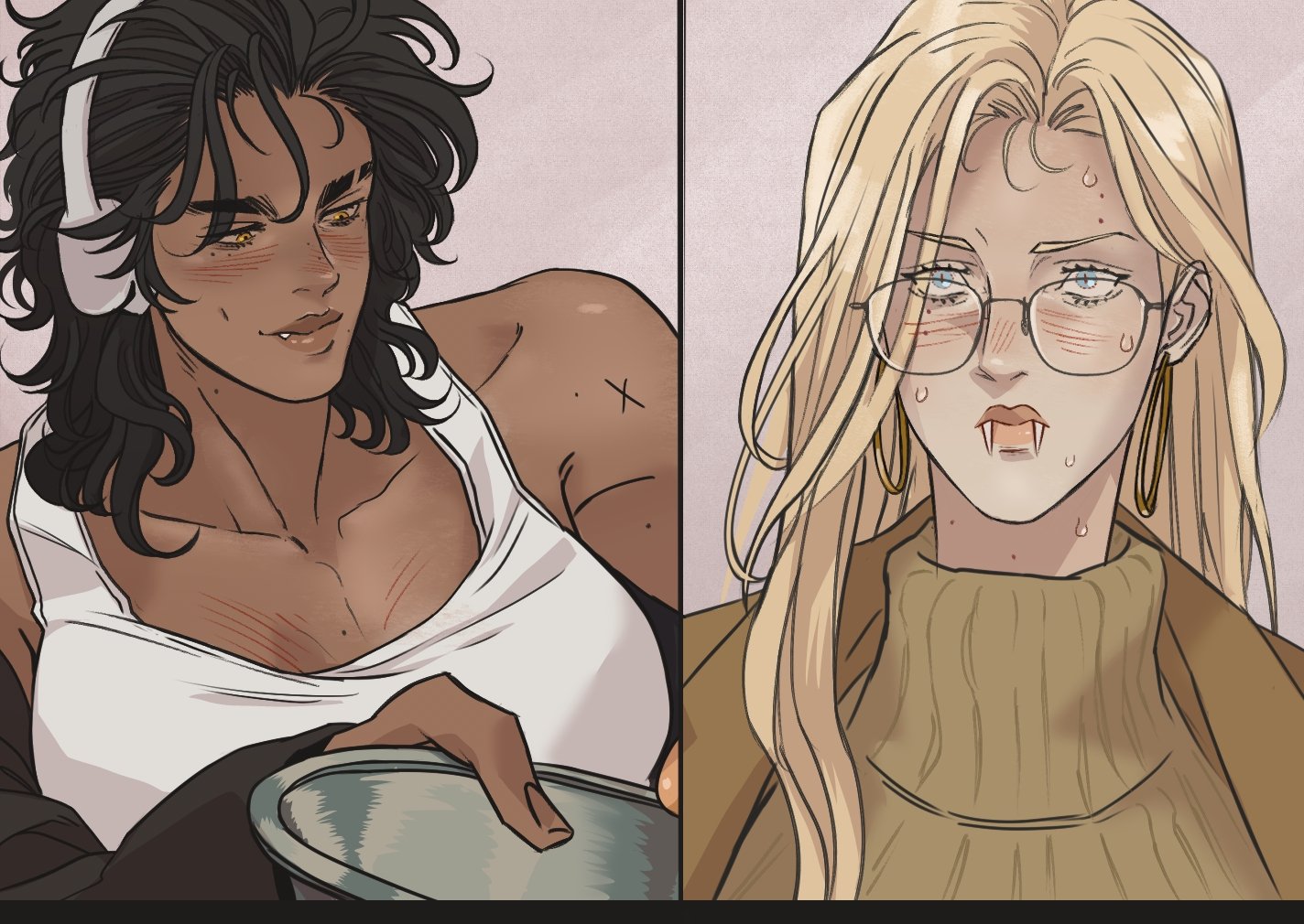 the image shows a split image of two drawings. on the left is a darkhaired woman wearing headphones and a white tank top, holding a bowl. on the right is a lighthaired woman with glasses and fangs, wearing hoop earrings, a turtleneck sweater, and a coat. the background of both images is a solid color. the setting appears to be indoors.