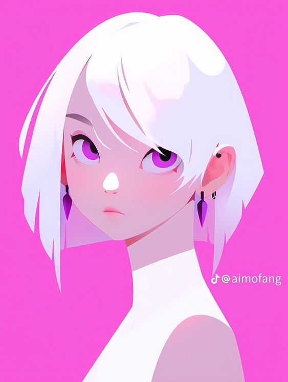 the image is a digital illustration of a stylized anime girl. she has shoulderlength white hair, vibrant purple eyes, and is wearing a simple white sleeveless top.  the style is minimalist and flat, with clean lines and bold colors.  the background is a solid bright pink. she has small purple teardrop earrings and a small, light beige frecklelike mark on her nose. the artist's tiktok handle, "@aimofang," is subtly watermarked in the lower right corner. the overall aesthetic is sleek, modern, and somewhat elegant.