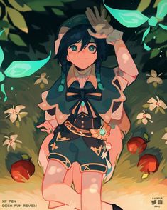this image is a digital illustration of a young anime girl with green hair, blue eyes, and a whimsical dress. she is standing in a field of flowers with butterflies flying around her. the image is drawn in a soft, pastel style and has a whimsical and magical feel.