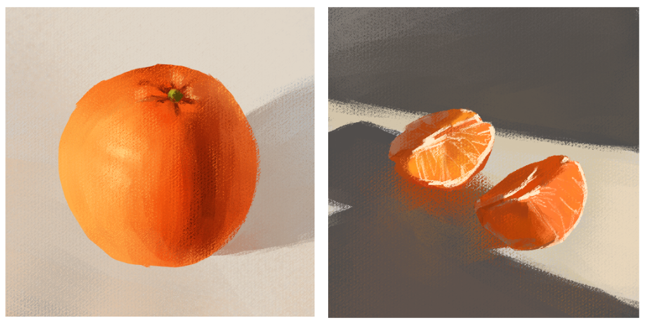 the image contains two digital illustrations of oranges. the left illustration depicts a whole, ripe orange against a lightcolored background. the right illustration shows two segments of a peeled orange on a darker surface, with distinct sunlight and shadows.