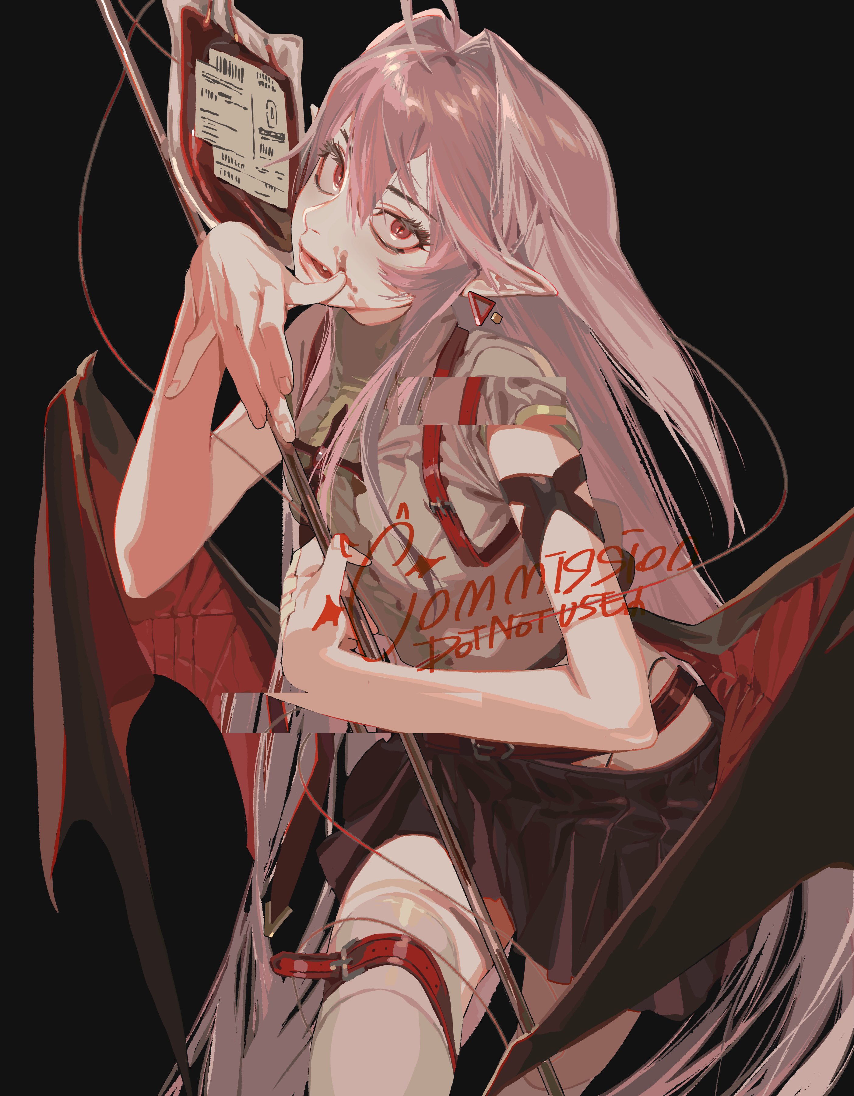 the image shows a stylized anime girl with vampirelike features set against a stark black background. she has long, flowing pink hair and striking red eyes, her pale skin adding to the overall gothic aesthetic. the girl is dressed in a modified school uniform with red straps and belts accentuating her figure. behind her is a blood bag hanging on a pole, suggesting she is either a vampire or has a strong association with blood. there's blood dripping from her mouth and on her finger, enhancing the dark and slightly provocative nature of the artwork. she has wings. the word commission and do not use written across the center.