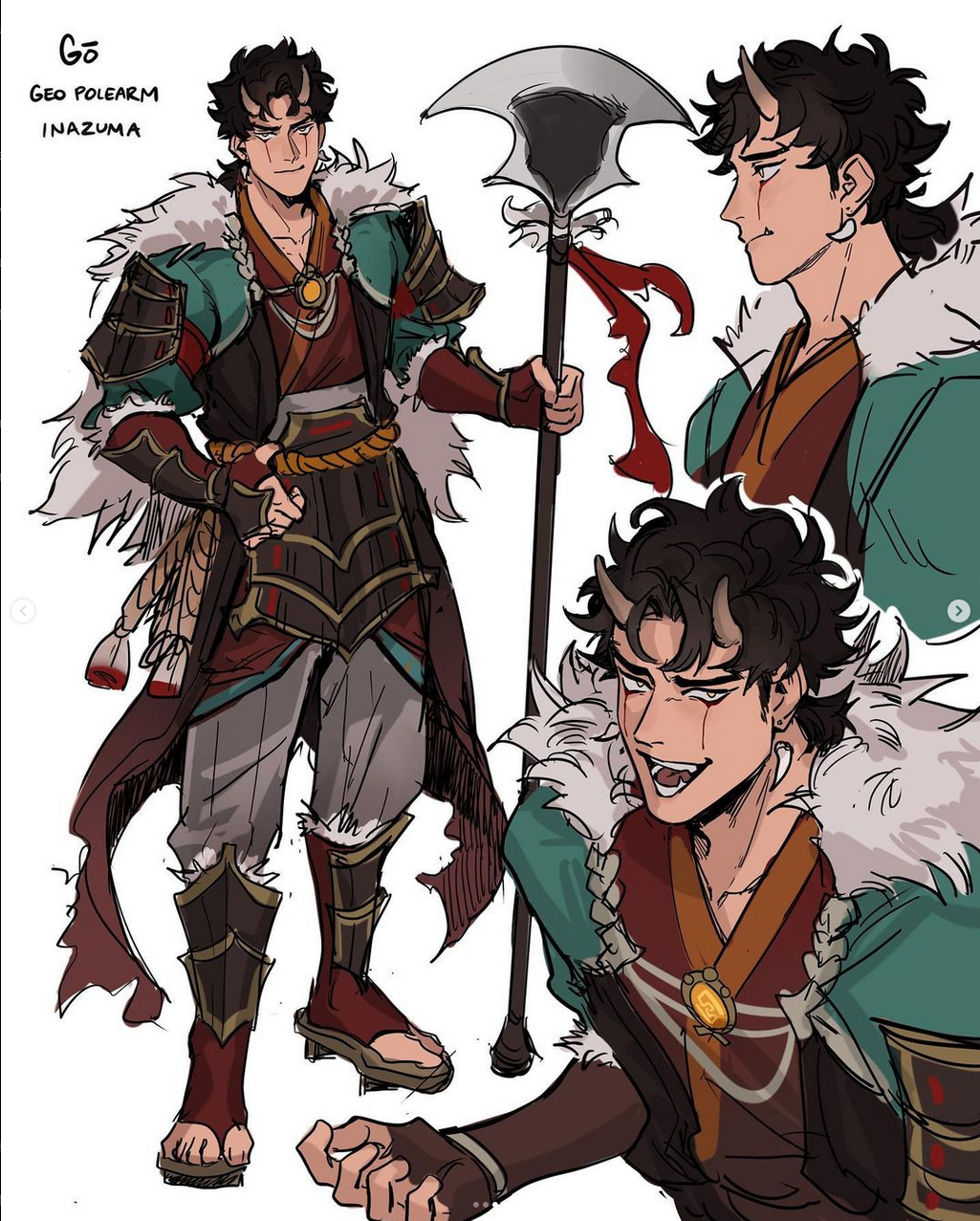 a digital sketch page shows a male character design inspired by genshin impact and the inazuma region. he has dark hair with two small oni horns and wears an outfit that mixes samurai armor with furlined fabrics. he carries a large geo polearm, and the three drawings depict him from various angles with different expressions.