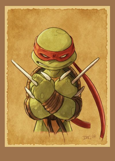 a closeup of a cartoon ninja turtle holding two katanas in a defensive position, with a red mask over his eyes, against a parchment background. the turtle is wearing a brown and red outfit, and the art style is classic cartoon.