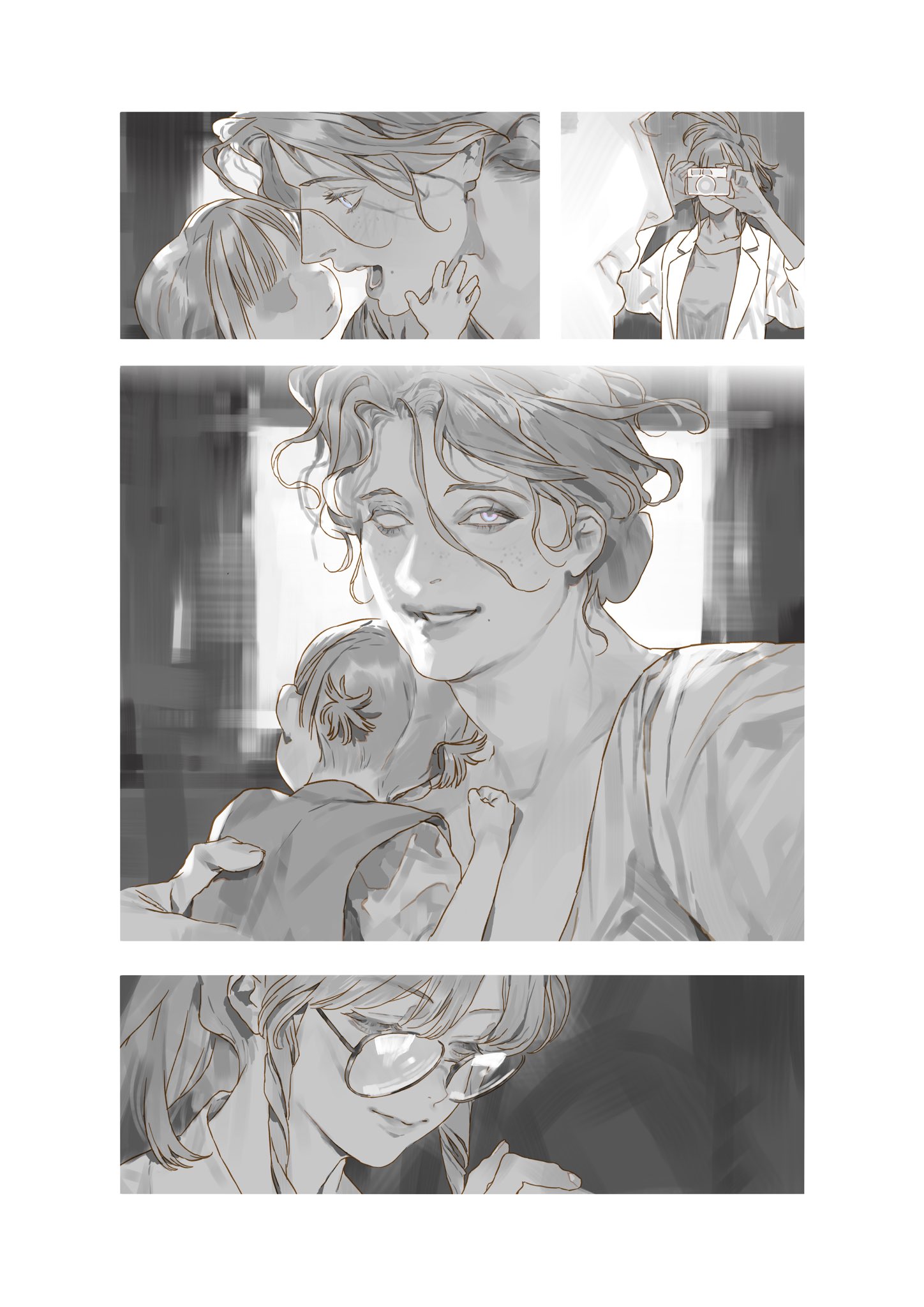 the image is a black and white comic panel consisting of three sections. the top section shows a woman playing with a baby, who is reaching up to her face, alongside a woman taking a picture of them. the middle section features a closeup of the first woman holding the baby, smiling. the bottom section shows a woman wearing glasses, looking down at something she's writing.