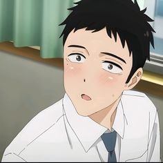 a mediumcloseup shot of an anime boy with short black hair and large eyes. he's blushing and looking off to the left side of the frame with his mouth slightly open. he seems to be wearing a white collared shirt with a blue tie. the background is simple and suggests an indoor setting.  it's a classic anime art style that emphasizes large eyes and exaggerated emotional expressions.